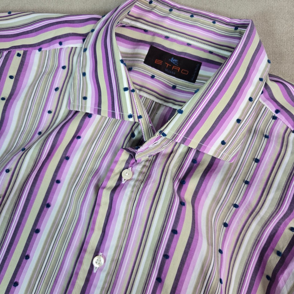 Etro Milano Mens Purple Striped Tufted Dot Long Sleeve Button Shirt Italy 46 XL